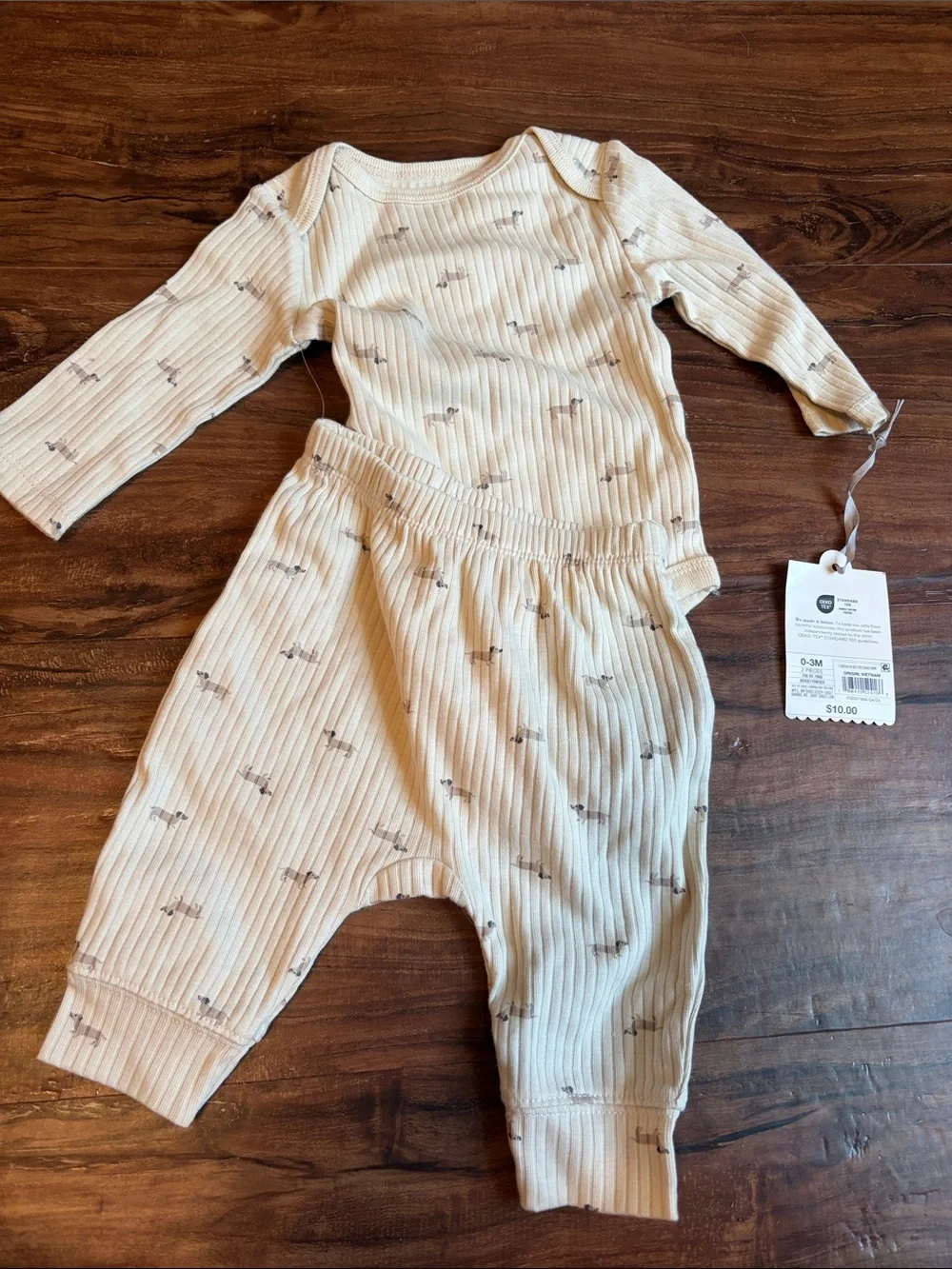 Ribbed Baby Two-Piece Set in Cream with Tiny wiener dogs